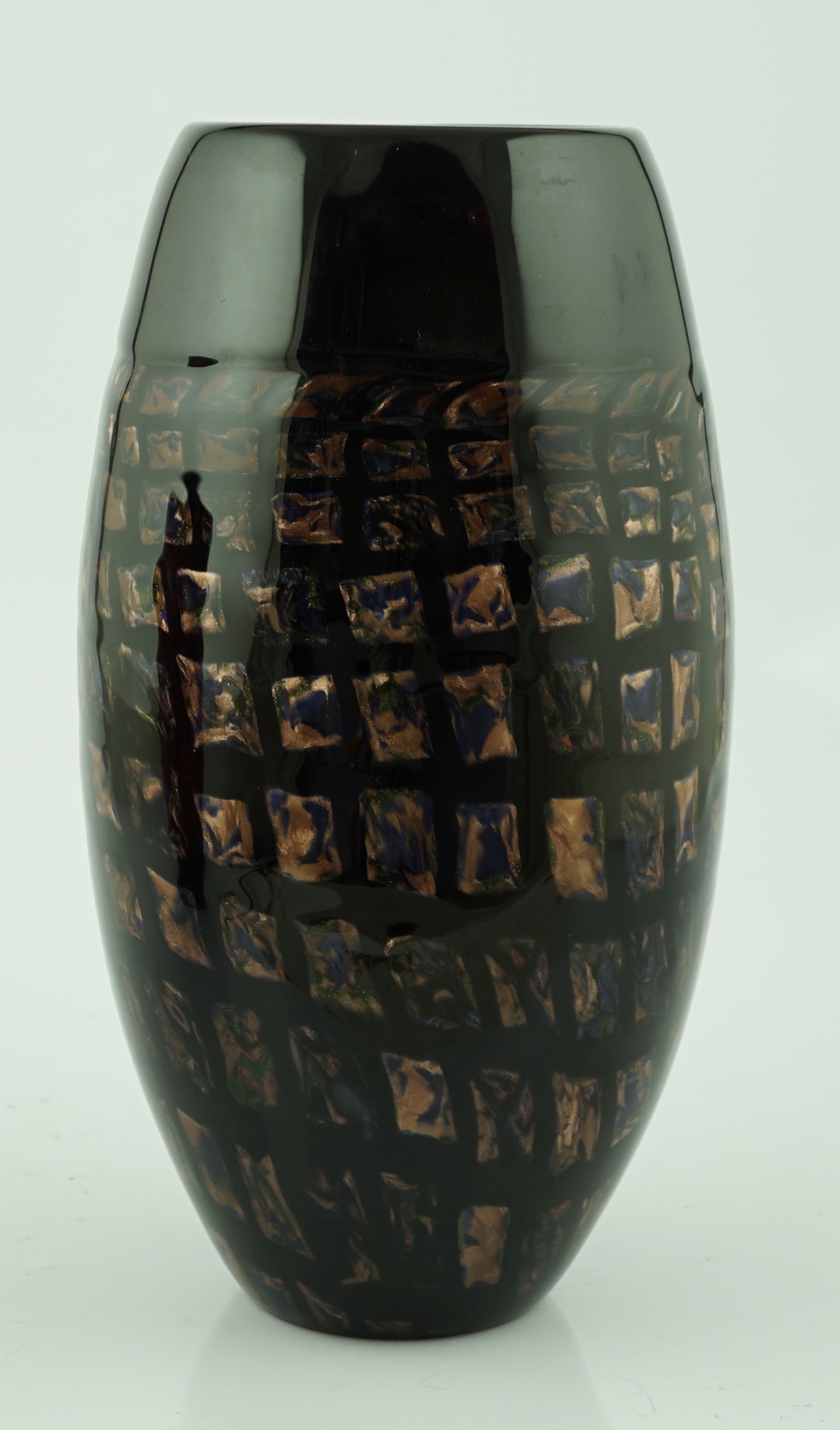 Vittorio Ferro (1932-2012) A Murano glass, black ground vase, with a spiral design of small aventurine squares, under a broad upper band, unsigned, 35.5cm, Please note this lot attracts an additional import tax of 20% on